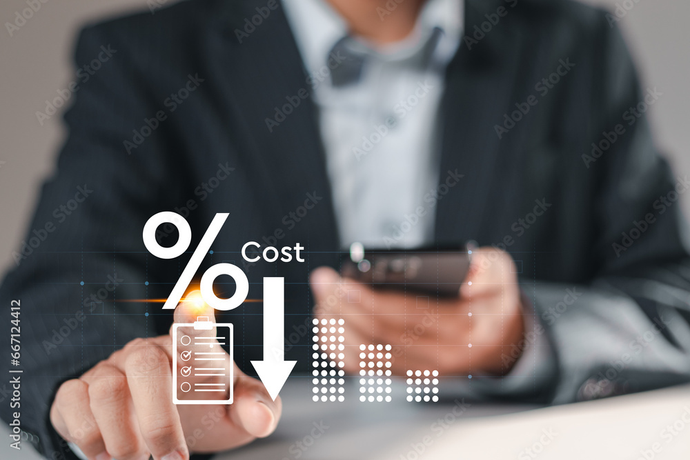 Poster businessman touching with quality control growth graph and cost reduction for cost and quality contr