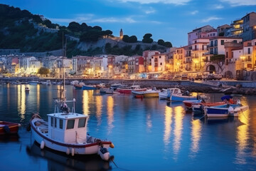 Fototapeta premium Mystic landscape of the harbor with colorful houses and the boats in Porto Venero, Italy, Liguria in the evening in the light of lanterns