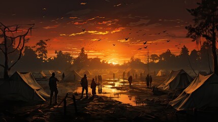 Crowd of people walking on the watery dusty road in the forest at sunset