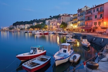 Mystic landscape of the harbor with colorful houses and the boats in Porto Venero, Italy, Liguria in the evening in the light of lanterns