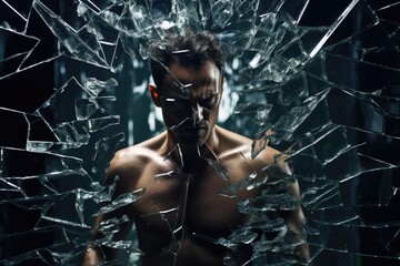 Tough man in front of shattering glass shards. Muscular. Shirtless male. Recovery and Healing. Shattered Emotions. Shattered, Emotions, Sadness, Grief, Heartbreak, Despair, Brokenness, Fragility