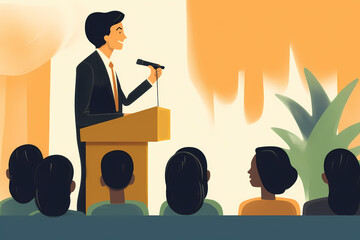 Confident male speaker engages the audience with his charismatic presentation on a stage. Illustration of a smiling man, dressed in formal attire, speaking in a microphone