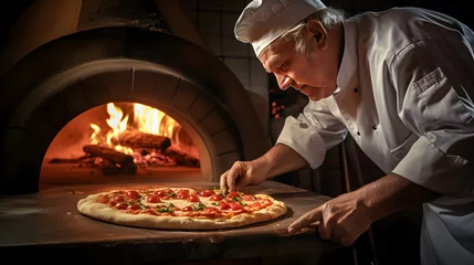 Outdoor-Kissen Chef pizza maker making a homemade pizza in an Italian pizzeria restaurant placing it into oven with fire with special paddle in a rustic background © petrrgoskov