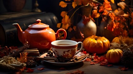 Pumpkin spice cup of tea stock photo, cozy teatime autumn drink