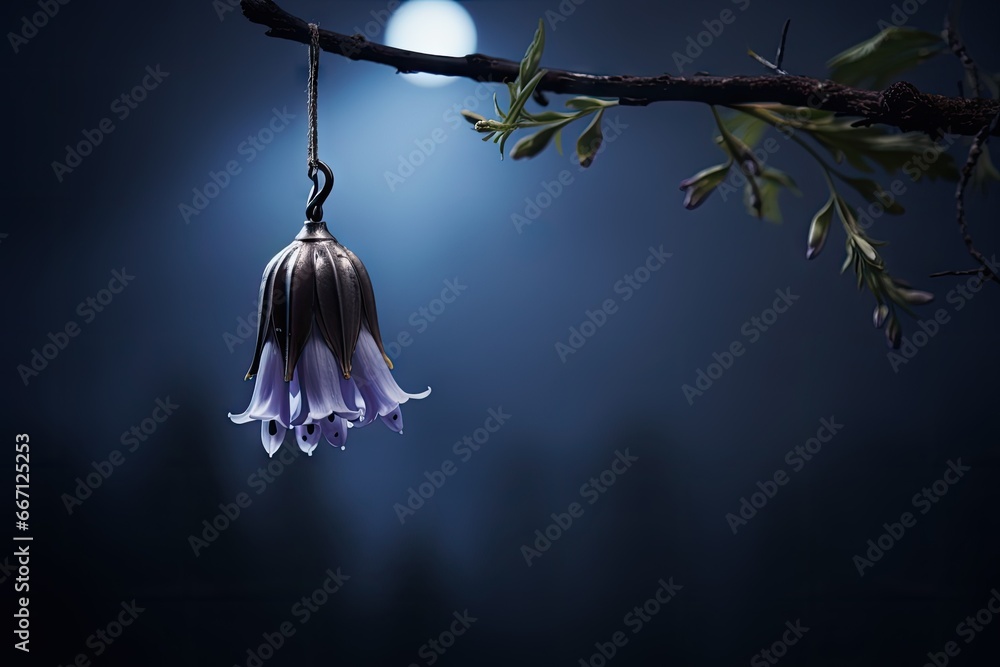 Poster a flower hanging from a branch with a full moon in the background. generative ai
