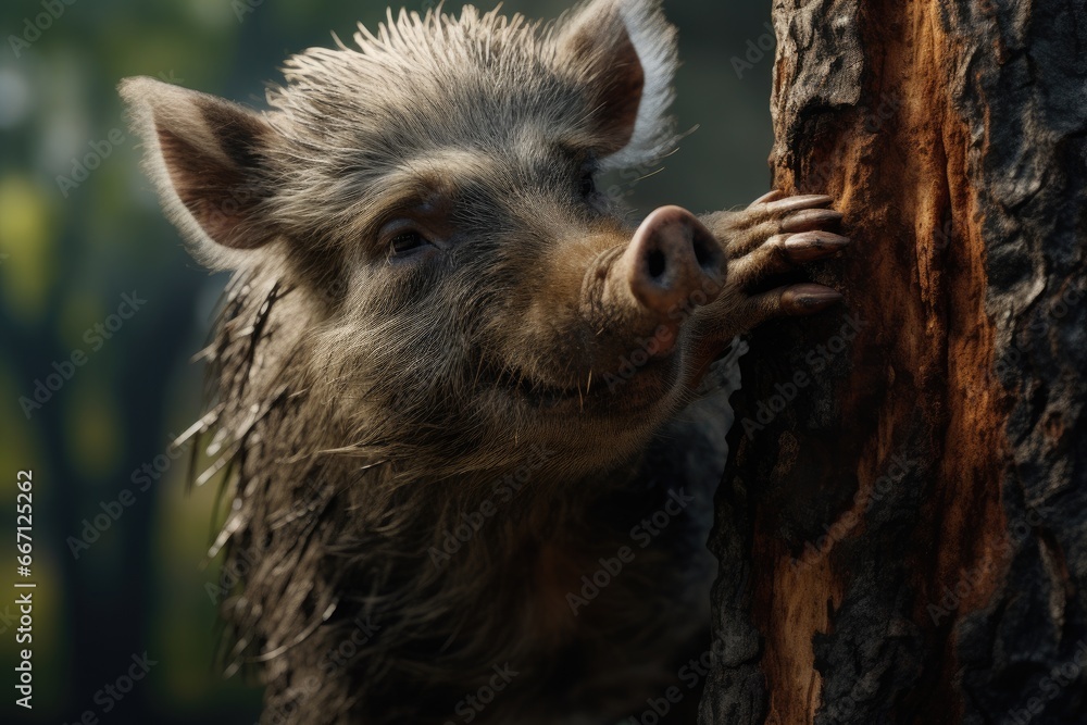 Poster a wild boar is climbing up a tree to get a bite of something. generative ai