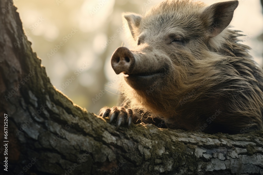 Poster a wild boar resting on a tree branch in a forest. generative ai