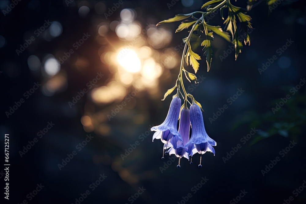 Poster a flower hanging from a tree branch with the sun in the background. generative ai