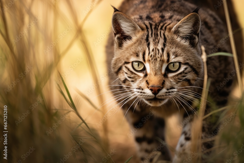 Poster a close up of a cat walking through a field of grass. generative ai