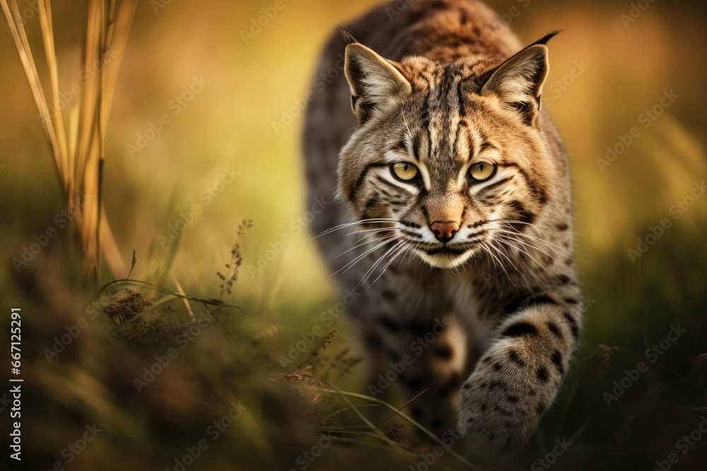 Poster  a close up of a cat walking in a field of grass.  generative ai