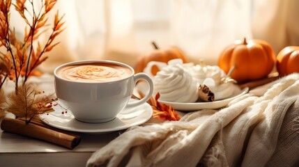 Obraz na płótnie Canvas Pumpkin spice cup of tea stock photo, cozy teatime autumn drink