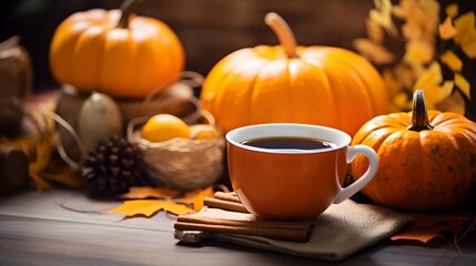 Pumpkin spice cup of tea stock photo, cozy teatime autumn drink