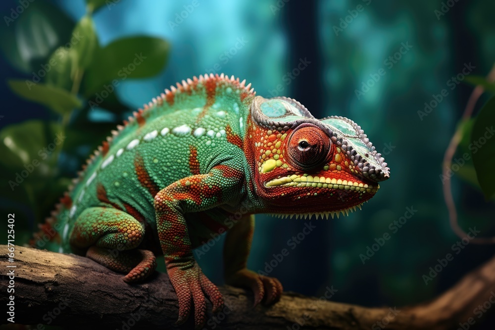 Poster a colorful chamelon sitting on a branch in a forest. generative ai