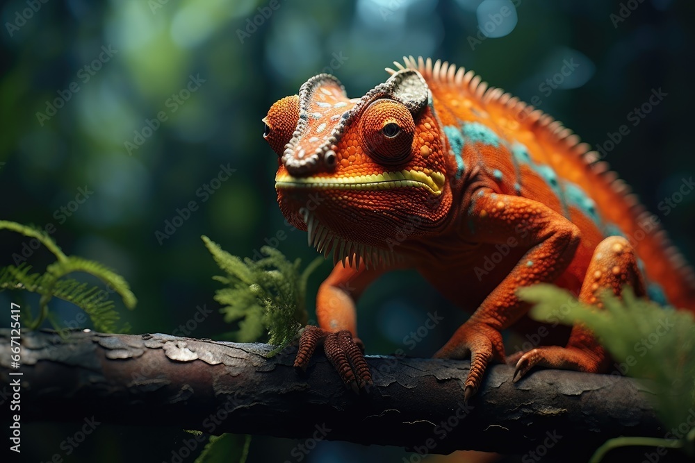 Poster a close up of a lizard on a branch in a forest. generative ai