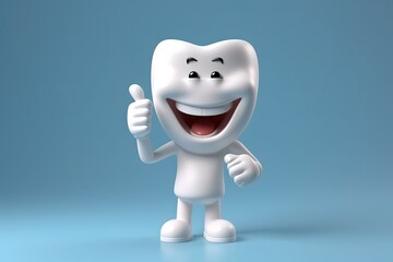 Lustiger 3D Cartoon Zahn mit Daumen hoch und positiver Ausstrahlung. Ideal für die Zahnarztpraxis als Werbung oder Veranschaulichung auf der Webseite.