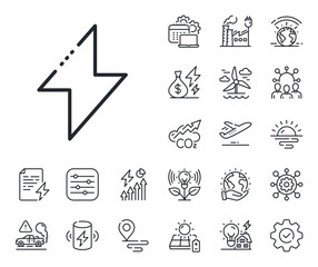 Thunderbolt sign. Energy, Co2 exhaust and solar panel outline icons. Energy line icon. Electric power symbol. Energy line sign. Eco electric or wind power icon. Green planet. Vector