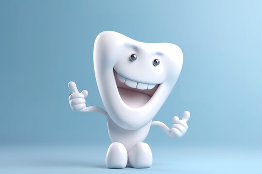 Lustiger 3D Cartoon Zahn mit Daumen hoch und positiver Ausstrahlung. Ideal für die Zahnarztpraxis als Werbung oder Veranschaulichung auf der Webseite.