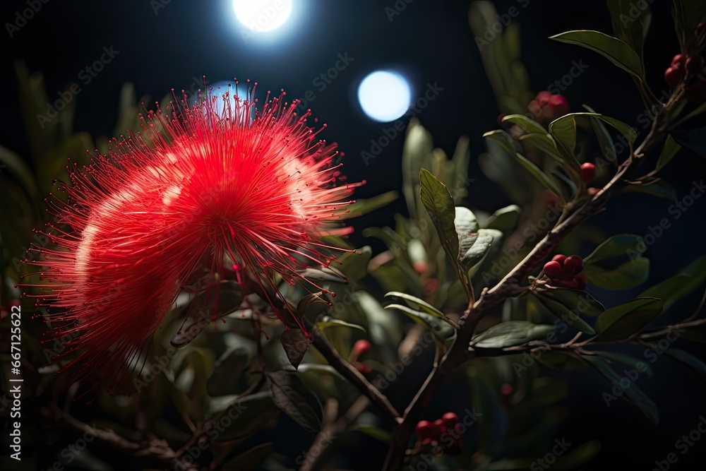 Poster a bright red flower on a tree with a full moon in the background. generative ai