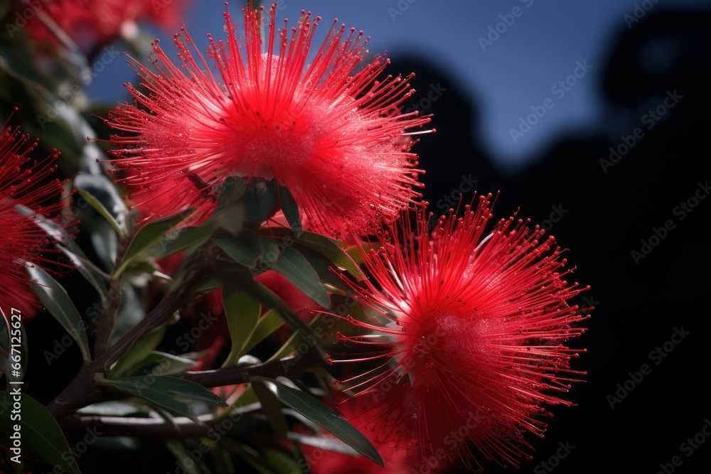 Poster a close up of a red flower on a tree branch. generative ai