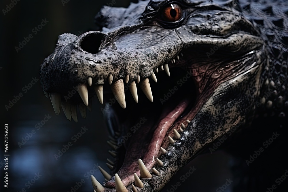 Poster a close up of a dinosaur's mouth with sharp teeth. generative ai