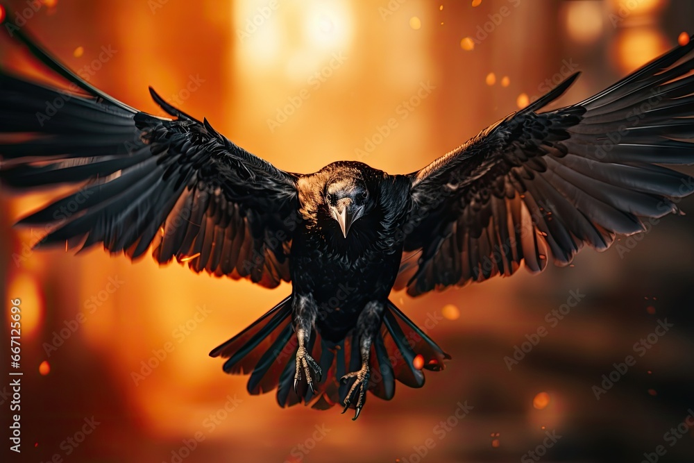 Poster a black bird with its wings spread out in front of a fire. generative ai