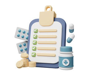 3d clipboard with medicine, health check illustration