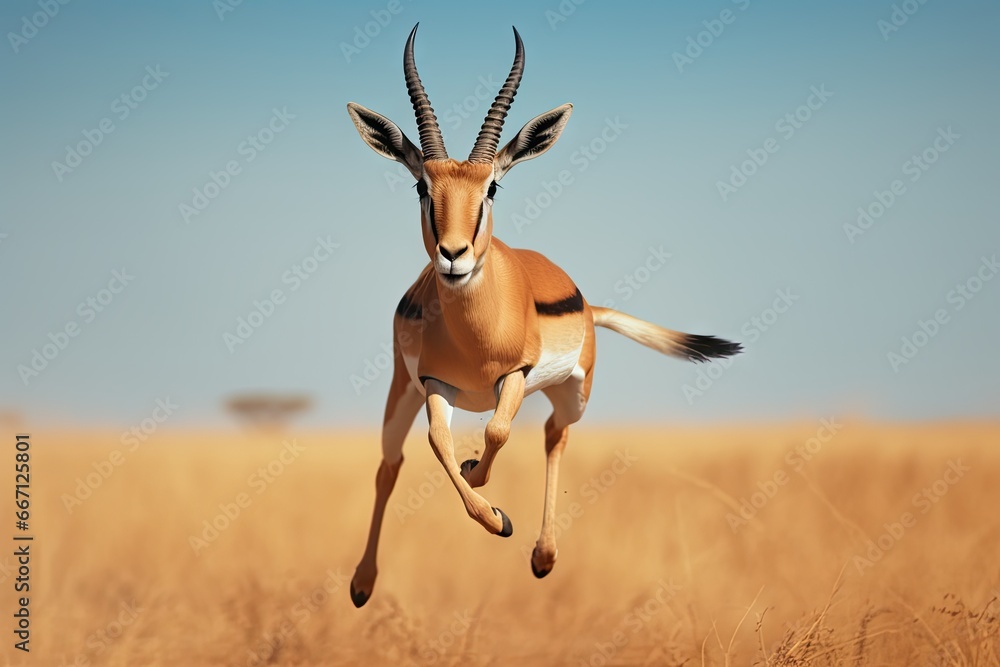 Poster an antelope running through a field of tall grass. generative ai