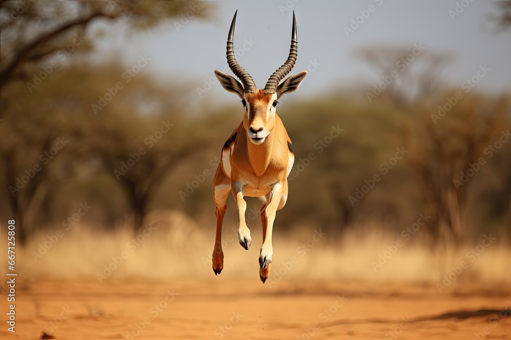 Poster a gazelle jumping in the air in a field with trees in the background. generative ai