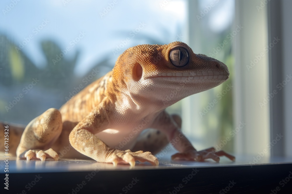 Poster a gecko sitting on a window sill looking out the window. generative ai