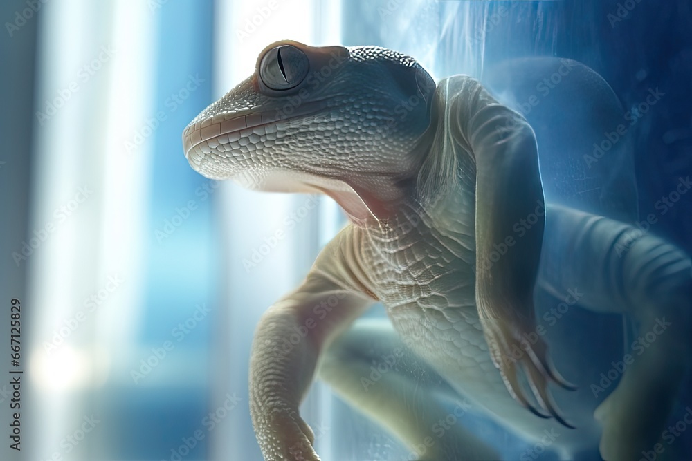 Poster a lizard is sitting on a ledge in front of a window. generative ai