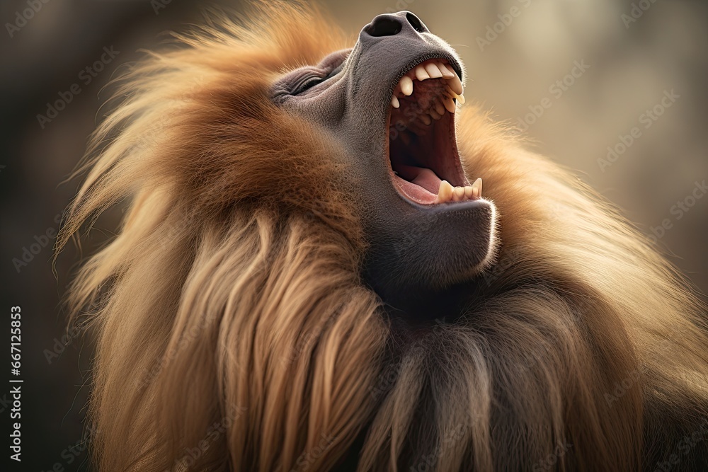 Poster a monkey with its mouth open and it's mouth wide open. generative ai