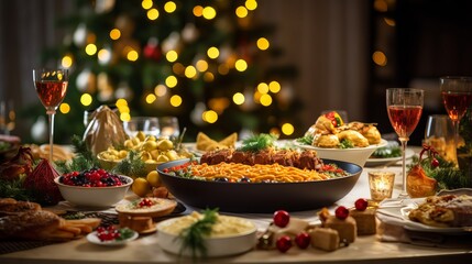 Fototapeta premium delicious Christmas feast table with festive decor and sparkling Christmas tree in background