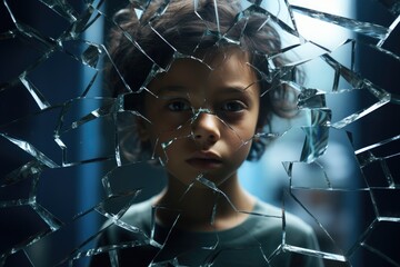 sad young boy with curly black hair looking through the shattered glass. Farewell to Innocence: The Weight of a Child's Goodbye. bully, child abuse, racism.  - obrazy, fototapety, plakaty