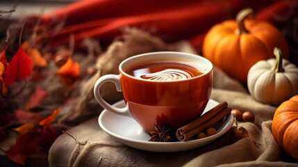 Pumpkin spice cup of tea stock photo, cozy teatime autumn drink