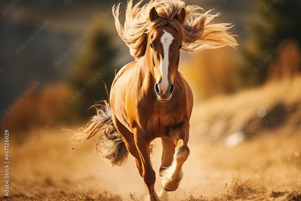 Aufkleber a horse running on a dirt road in a field with trees in the background. generative ai