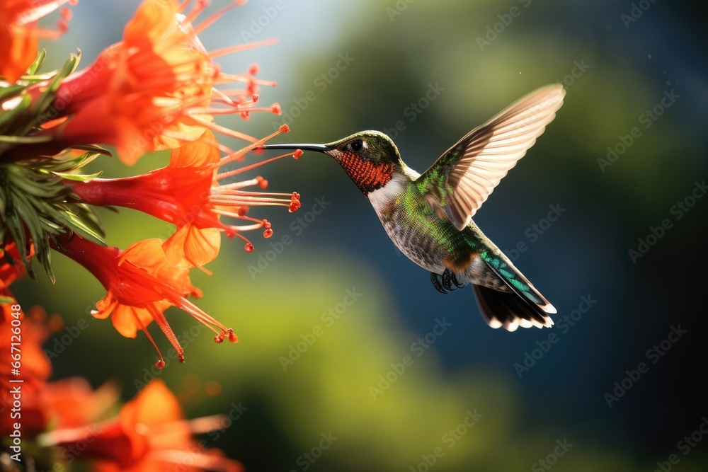 Poster a hummingbird hovering over a flower with its beak open. generative ai