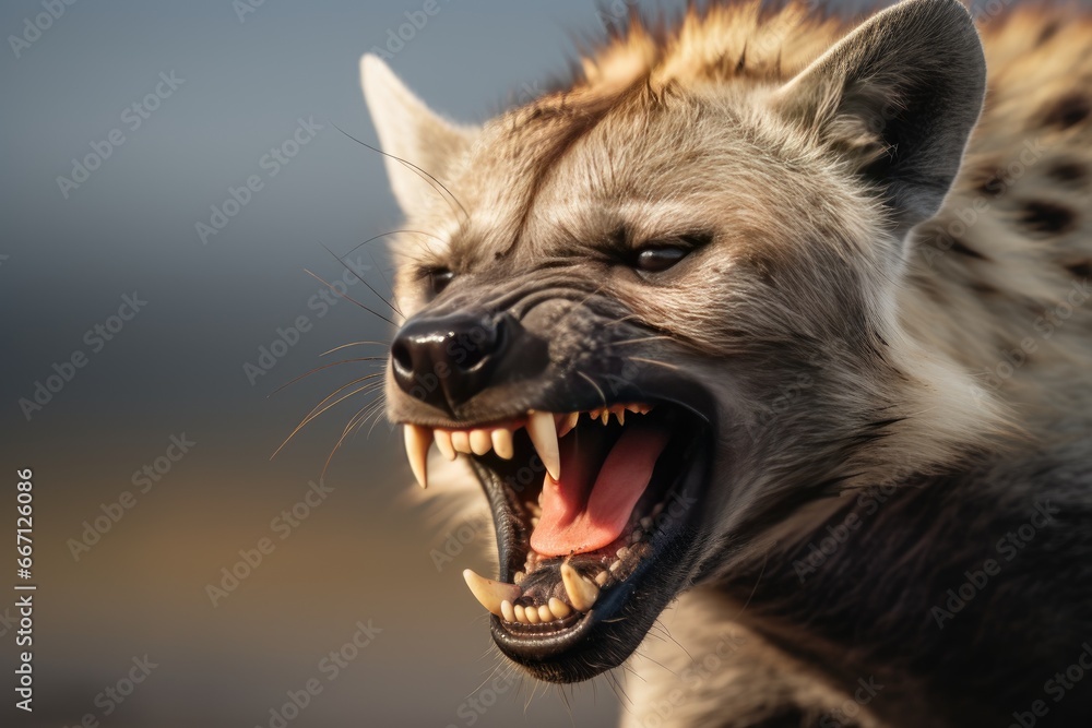 Poster a close up of a hyena with its mouth open. generative ai