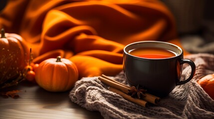 Pumpkin spice cup of tea stock photo, cozy teatime autumn drink