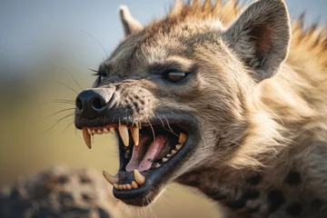 Foto op Aluminium  a close up of a hyena with its mouth open.  generative ai © Oleg