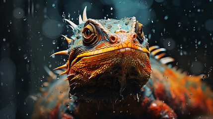 Naklejka na ściany i meble Dragon lizzard iguana smiling in a water or fire splash.