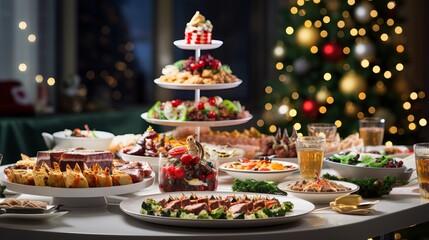 Naklejka premium delicious Christmas feast table with festive decor and sparkling Christmas tree in background