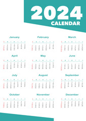 2024 year calendar in minimalistic style. Week starts on Sunday. Simple wall calender template a3 format.