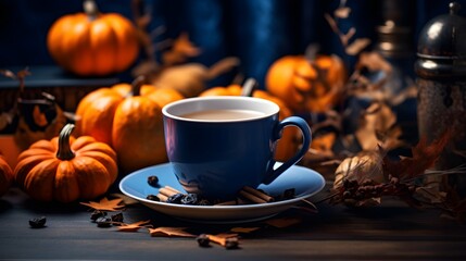 Pumpkin spice cup of tea stock photo, cozy teatime autumn drink