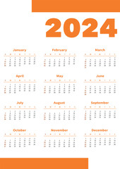2024 year orange calendar in minimalistic style. Week starts on Sunday. Simple wall calender template a3 format.