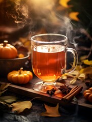 Pumpkin spice cup of tea stock photo, cozy teatime autumn drink