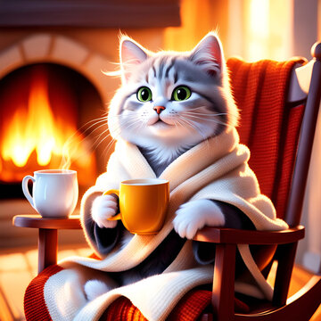 Illustration d'un chat se r&eacute;chauffant au coin du feu