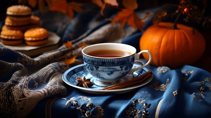 Fototapeta premium Pumpkin spice cup of tea stock photo, cozy teatime autumn drink