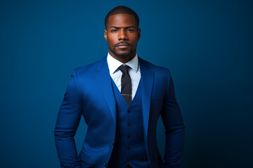 portrait of a businessman, serious black man with blue suit and black tie,
