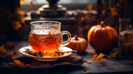 Pumpkin spice cup of tea stock photo, cozy teatime autumn drink - obrazy, fototapety, plakaty