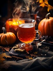 Pumpkin spice cup of tea stock photo, cozy teatime autumn drink